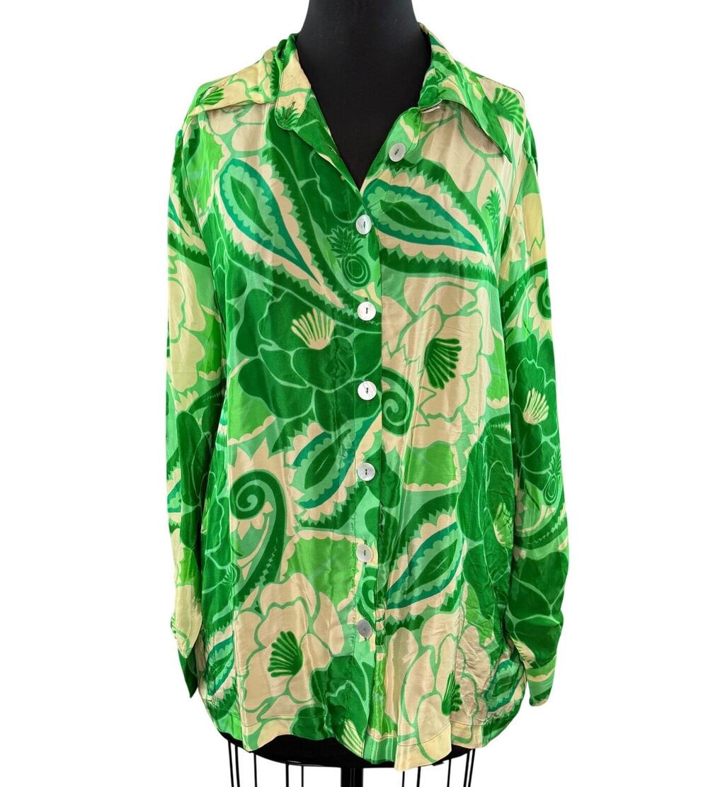 FARM RIO Green Beige Shirt Paisley Floral Collared Classic Button-Up L Large